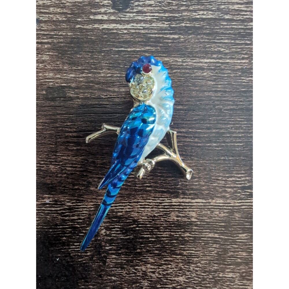 Blue Parrot Enamel Rhinestone Brooch Pin Vintage Gold Tone